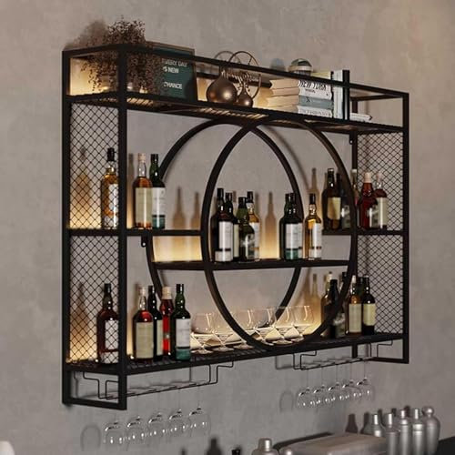 KCGCIHMS Portabottiglie da Parete in Metallo Nero e portabicchieri con Ripiani Color Oro per casa, Pub, Elegante scaffale portabottiglie e credenza per Gli Amanti del Vino.