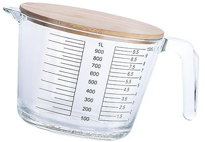 ELAYARD Jarra Medidora De Vidrio Resistente Al Calor Con Tapa De Madera y Escala Transparente Para Cocina y Repostería