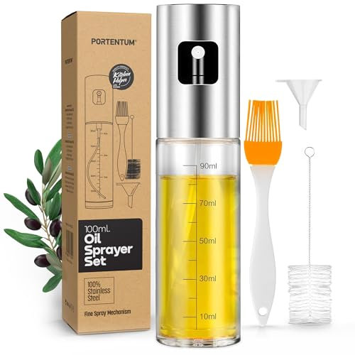 PORTENTUM Spruzzatore Olio Spray in Acciaio Inox 100ml, Oliera Vetro per Cucina e Friggitrice ad Aria, Spray Olio Cucina con Accessori