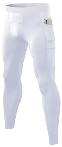 Yuerlian White Mens Compression Legging Gym Workout Base Layer Tights Cool Dry Sports Training Pants for Athletic Hiking Yoga with Pockets