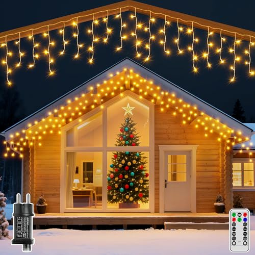 Hopexy Eisregen Lichterkette Außen, 12 m 355 LEDs Weihnachtsbeleuchtung IP44 wasserdicht Beleuchtung Weihnachten mit Stecker Timer 8 Modi für Innen Außen Weihnachten, Balkon, Vorbau Geländer Warmweiß