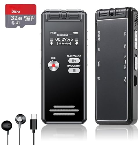 Rigwig Registratore vocale digitale da 32 GB con scheda SD - Doppio microfono HD 3072 Kbps, registrazione 2776H, attivazione vocale, riproduzione, MP3, password, USB, ripetizione A-B per riunioni