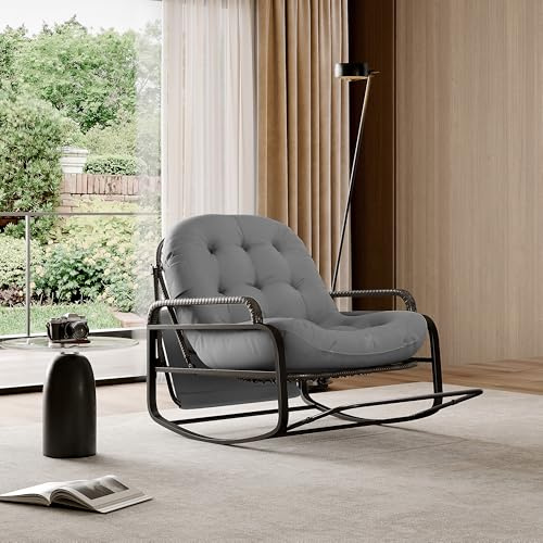 Sillón mecedora exterior interior, silla de salón de ratán PE con cojín acolchado y toldos, mecedora para dormitorio, salón, jardín, terraza (gris)