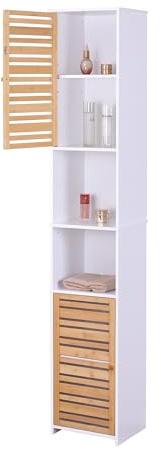 Relaxdays Badrumsskåp, H x B x D: 190 x 34 x 29 cm, 6 fack, bambu, MDF, hög, smal, badrum högskåp, vit/natur