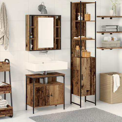 IBUQDDV Mobile Bagno Rustico con Specchio e Lavabo Integrato in Legno Massello, Mobile Lavabo Bagno con 2 Antine e 5 Ripiani per Storage Ampio e Organizzato, Ideale per Interni