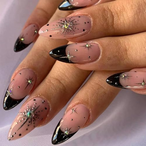 Black Medium Almond Shape Press On Nails - 24PCs French Tip False Nails with 3D Gold Star Design - Stiletto Glossy Black Fake Nails with Glue - Acrylic Stick on nails for Women Girls Nail Art