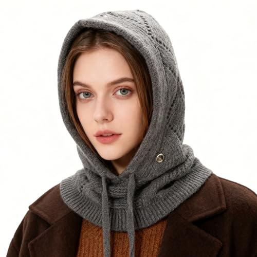 AYPOW Mujer Invierno Gorro de Punto y Bufanda con Capucha, 2 en 1 Térmicos Prueba de Viento Ajustable Pasamontañas, Moda Ocio Pullover Calentador de Cuello para Deportes al Aire Libre Diario Correr