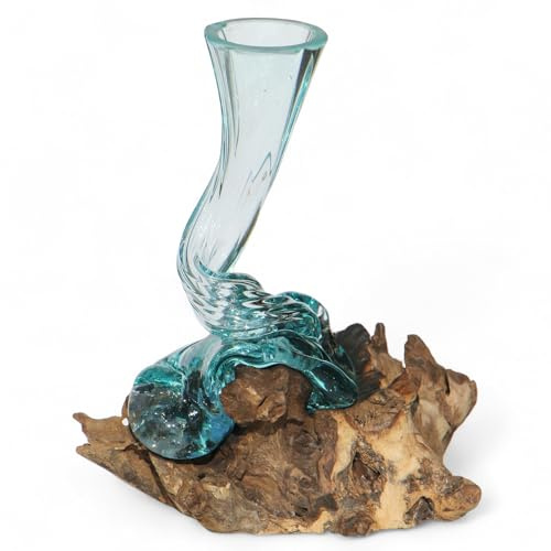 Wogeka - Glas Vase Osira auf Wurzel-Holz - Höhe 25 cm handgemacht, Moderne Natur Tisch-Deko und Geschenk-Idee
