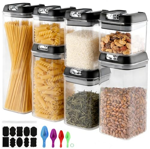 MUKSUET 7PCS Airtight Food Storage Containers Set, Plastic Kitchen Canisters with Lids for Cereal, Flour, Sugar, Pasta, Coffee Tea, Pantry Storage Organization, Includes Labels and Measuring Spoons