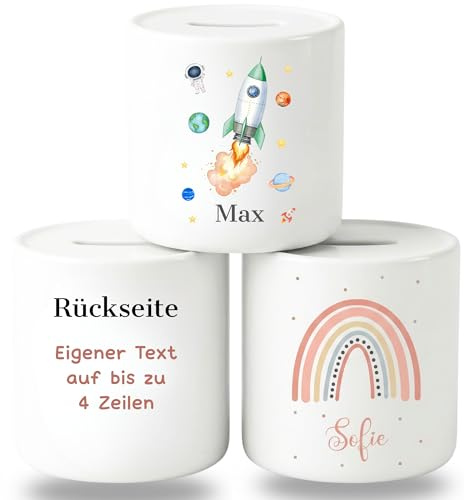 smartaini Personalisierte Spardose für Kinder mit Namen – Porzellan Kinderspardose personalisiert – Sparschwein Kinder Sparbüchse – Geschenk zur Geburt, Taufe oder Geburtstag (Weltall)