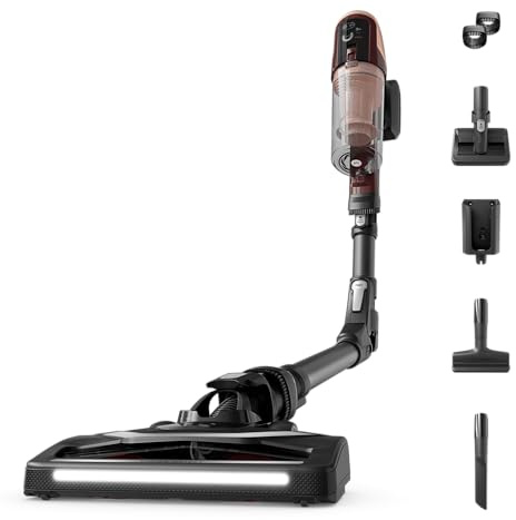 Rowenta X-Pert 6.80 Flex, Aspiradora Escoba Sin Cable, Autonomía de hasta 60 Minutos, con Luces led, Limpieza 4 en 1, Ligera, Smart Control Display, Modelo Animal Flex, Negra y Burdeos, RH6495E0