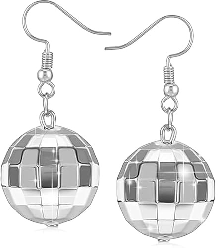 Disco Ball Ohrringe für Damen – silberne Discokugel Ohrringe, glänzende Dangle Earrings für 70er Party, Mottoparty & Tanzparty – ideales Disco Zubehör