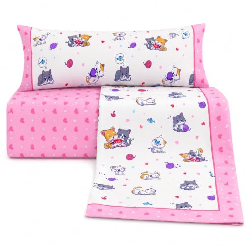 various Juego de Sábanas Infantiles Cama 90 cm Gatitos Rosa | 3 piezas, bajera ajustable, encimera y funda,50% algodón, 50% poliéster, uso diario infantil