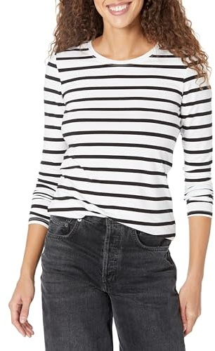Amazon Essentials Women's Långärmad T-shirt med rund hals klassisk passform (finns i plusstorlek), Svart/Vit Rand, S