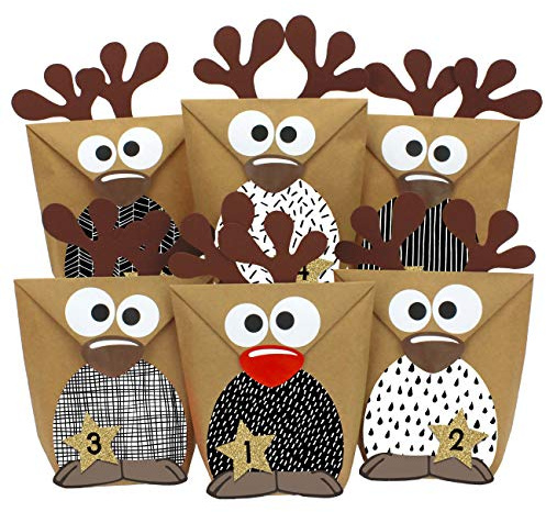 Papierdrachen Adventskalender 2025 zum Befüllen - 24 Rentiere aus Kraftpapier - schwarz-weiß - inkl. Zubehör - DIY Set zum Basteln & Gestalten