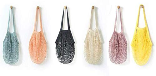 6 Pack Portable,Reusable,Reusable Produce Bags,Washable Cotton Mesh String Organic Organizer Shopping Handbag Long Handle Net Tote (grey blue,Black,Beige,Pink,Purple,Yellow)