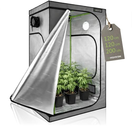 HIGHWERK Growzelt 120 x 120 x 200 cm | MyHomeGrow Grow Tent, Grau | Indoor Grow Tent für Pflanzenzucht | Growbox, Homegrow, Growschrank | Zuchtzelt, Pflanzenzelt, Anzuchtzelt, Gewächshaus Indoor