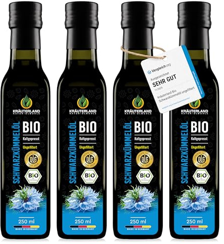 Kräuterland Bio Schwarzkümmelöl kaltgepresst ungefiltert 4x250ml (1Liter) | 100% Nigella Sativa, hoher Thymochinongehalt, ohne Konservierungsstoffe & Aromen, nativ, vegan, mühlenfrisch in glasflasche