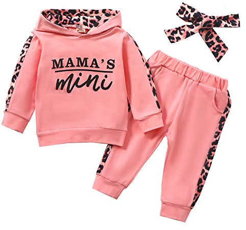 Geagodelia Baby Mädchen Mama's Mini Kleidung Outfit | Neugeborene Babykleidung Set, Langarm Kapuzenpullover Top, Leopard Hose, Herbst Winter Weiche Babyset