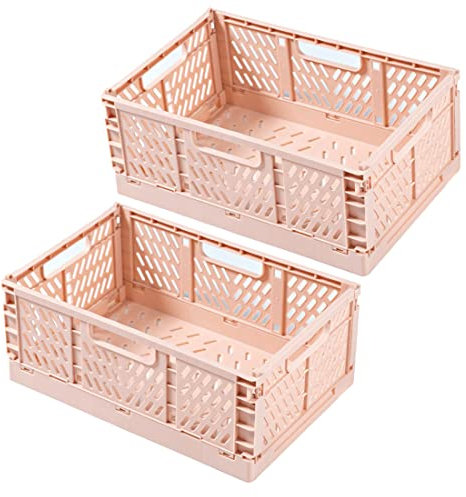 Spesh 2 Pcs Collapsible Storage Boxes Stackable Storage Baskets Folding Plastic Crates Foldable Crate Bins with Handles for Desk,Shelf,Cupboard(Pink, 30*20*12cm)