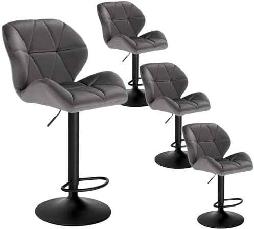 WOLTU Barhocker 4er Set Barstuhl Tresenhocker Bistrohocker Designer Hocker mit Rückenlehne, höhenverstellbar, drehbar, Samt Stahl, Dunkelgrau BH139dgr-4