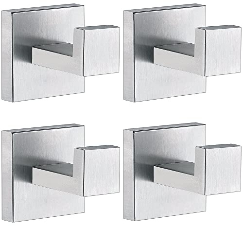 Towel Hooks for Bathrooms, Brushed Nickel Towel Hook for Kitchen Bathroom, SUS304 Stainless Steel Coat Hook, Square Heavy Duty Holder Robe Hooks for Hanging Towels, Coats, sponges, Wall Mount, 4 Pack