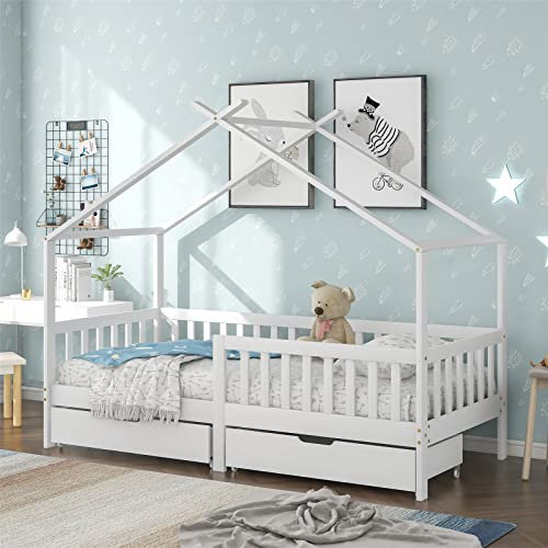 JINTAOMA Kinderbett, mit 2 Schubladen, Massivholz mit Zaun und Lattenrost, Kinder- und Jugendzimmer mit Absturzsicherung, weiß (200x90 cm)