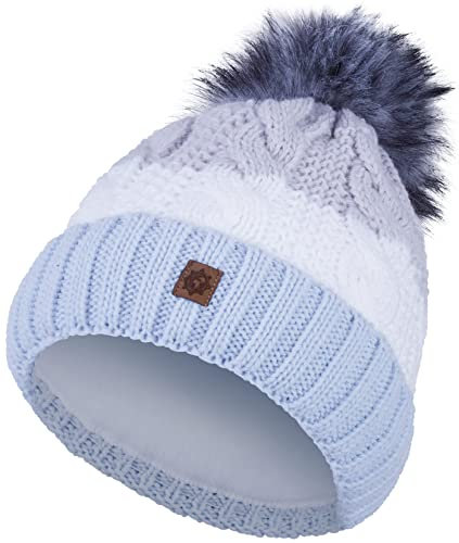 Compagno Wintermütze Mütze Damen Bommelmütze gestreift Strickmütze Winter gefüttert Mädchen Fleece Futter Beanie 102, Farbe:Hellblau