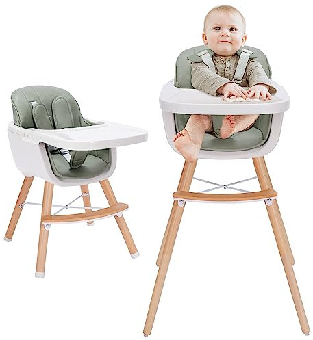 Mallify 3-in-1 Wooden High Chair, Convertible High Chairs for Babies and Toddlers, Baby Highchair with Adjustable Legs & Dishwasher-Safe Tray, Sleek Hardwood & Premium PU Cushion, Green