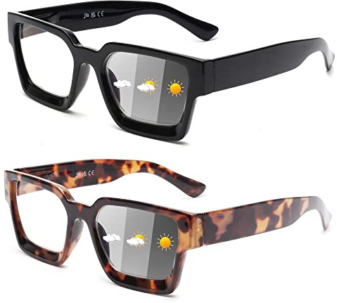 JM 2 Pack Fotocromatici Occhiali da Lettura per Donna, Quadrati Occhiali da Sole da Lettura per Computer con Blocco della Luce Blu, Cerniera a Molla, Nero & Tartaruga +1.5