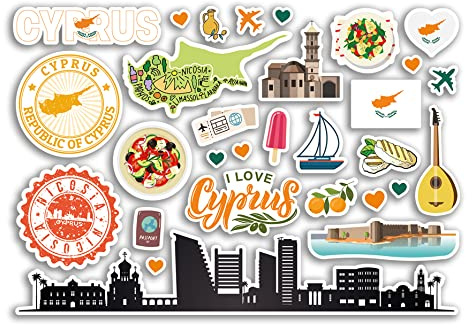 A5 Sticker Sheet Cyprus Landmarks Vinyl Stickers - Cypriot Map Airport Stamp Skyline Flag Travel Holiday Country City Aesthetic #80422