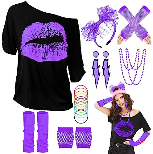 WILDPARTY 80er 90er Jahre Outfit Damen, T-Shirt, Beinwärmer, Stirnband, Ohrring, Halskette, Netzhandschuhe, 80er 90er Jahre Kostüm Mottoparty Accessoires Kleidung Neon Party Karneval JD