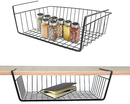 WEERSTONE Under Shelf Storage Basket, Under Shelf Hanging Metal Wire Storage Basket Organizer Removable for Kitchen, Cupboards, Shelves, Cabinet, Bathroom, Office (2 Pack Black)
