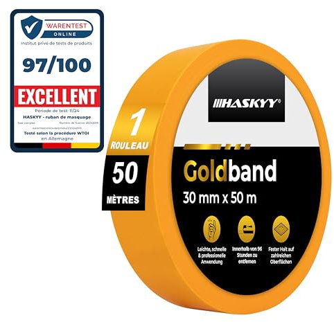 HASKYY Ruban de masquage pour peinture 30mm x 50m - 1x Rouleaux ruban adhésif crêpe pour travaux de peinture et de rénovation Intérieur et Extérieur, Résistant Aux UV - pour peindre vernir rénover