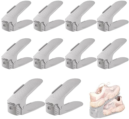 10 portascarpe regolabili, a doppio strato, salvaspazio, organizer per shoe, 3 altezze, antiscivolo, colore grigio