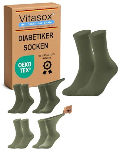 Vitasox Calcetines para diabéticos para hombre, aptos para diabéticos, sin cintura elástica, calcetines de salud contra cortes y presiones, 4 de oliva, 43-46