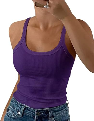 GEMBERA Canottiera da donna con spalline sottili e scollo rotondo a costine, in cotone, senza maniche, a strati