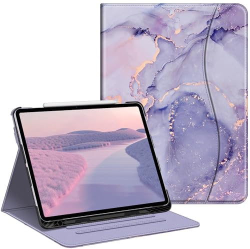 FINTIE Coque pour iPad Air 13 Pouces M3/M2 (2025/2024) - [Rangement de Stylet] Housse Folio Multipositions avec Poche de Document Etui Veille/Réveil Auto, Marbre Lilas