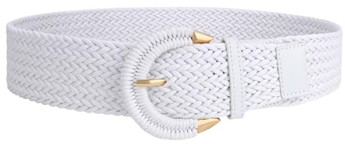 SUOSDEY Rattan-Flechtgürtel für Damen, breiter Taillengürtel für Kleider, gewebter Boho-Gürtel mit halbkreisförmiger Schnalle weiß