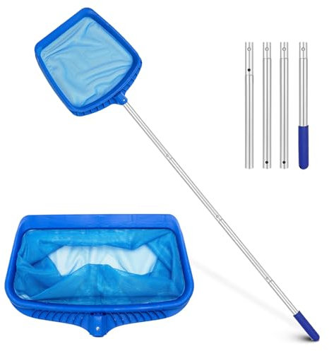 Geoyien Pool kescher, Kescher Pool feinmaschig, Poolkescher feinmaschig mit stab, mit 4 Teleskopstangen, Schwimmbad-Skimmer-Laubkescher, für Badewanne, Schwimmbad und Fischteich (145 cm, Blau)