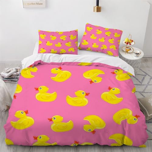 DILANI Bettwäsche 220x240 Ente Süß Bettwäsche-Set 3 Teilig 3D Druck Cartoon Tiere Bettbezug Weich Mikrofaser Bettbezüge mit Reißverschluss und Kissenbezug 80x80cm für Erwachsene Kinder