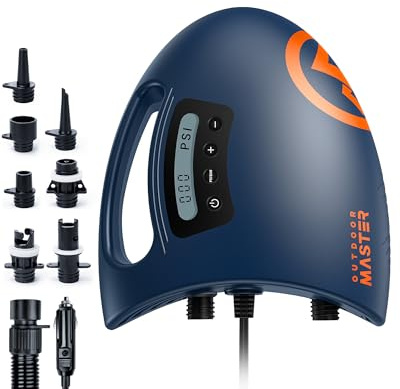 OutdoorMaster The Shark Elektrisk SUP luftpump högt tryck med 20 PSI 12 V DC aktivt kylsystem intelligent tvåstegs inflation auto-off för uppblåsbar paddle board båtar (mörkblå)