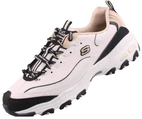 Skechers D'Lites Retro Rewind Sneaker, Duraleather/Natural & Black Trim, 40 EU