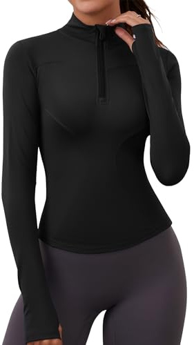 Rapbin Långärmad damtröja 1/4 dragkedja sport yoga fitness topp löpartröja med tumhål, Svart, XS
