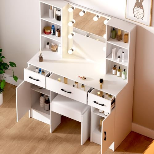 LIANWANG Large Vanity Set with Mirror and Bulbs Lights, Dressing Table with 3 Drawers, 2 Cabinet and 6 Shelves for Storing Items, 3 Color Light Settings Makeup Table with Stools, White