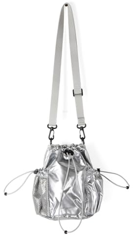 MZRAN Taschen für Damen, stilvolle Plissee-Beuteltasche mit Kordelzug, Nylon, Schultertasche, Umhängetasche, Crossbody-Tasche zum Einkaufen und Reisen für Frauen, silber