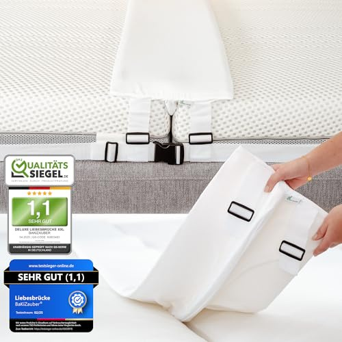 Liebesbrücke XXL [200x30cm] für Matratzen mit Spanngurt & waschbarem Bezug für Boxspringbett Ritzenfüller für Besucherritze alle Bettgrößen Matratzenverbinder & Matratzenbrücke und Matratzenkeil