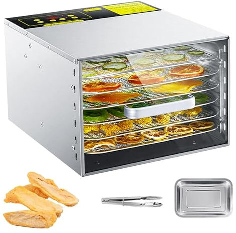 Essiccatore per Alimenti a 6 Vassoi, Essiccatore per Frutta, Termostato Regolabile 30-90°C, con Timer Digitale 24 Ore, Acciaio Inossidabile, per Verdure, Carne, Peperoncino, Frutta