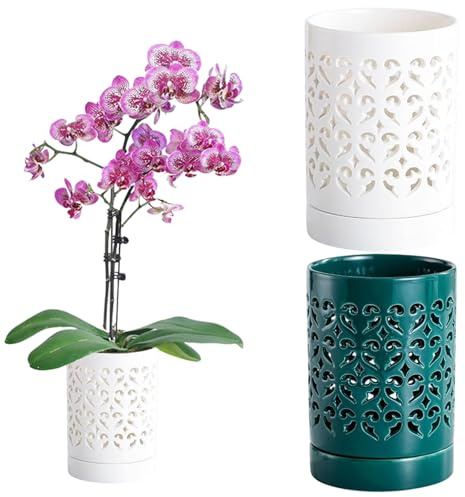 Heidouse 2 pcs Orchid Pot, 4 Pouces de Pots d'orchidées en céramique avec Trous, Drainage et Ventilation Petit Pot à Fleurs avec Soucoupe pour Les Plants de Rotation en Plein air intérieurs