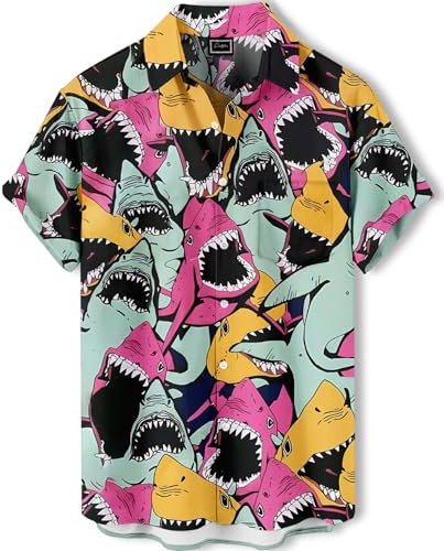 Colorful Shark Print Hawaiian Shirt, Short Sleeve Button Down, Regular Fit, Mint Green Pink Yellow